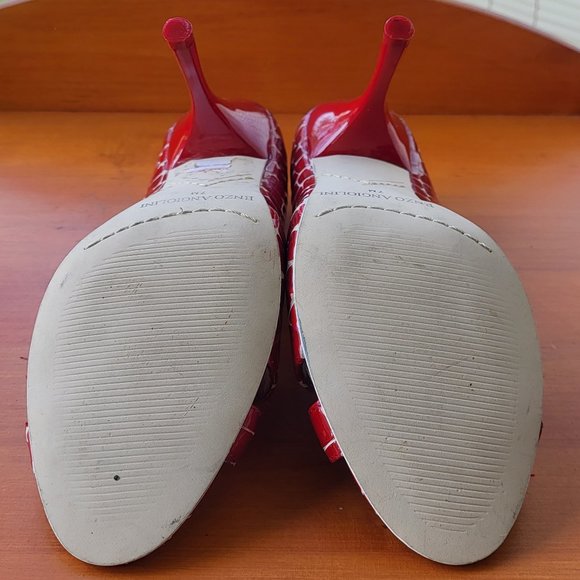 Enzo Open Toe Red Patent Leather Stiletto Heels - Picture 7 of 10